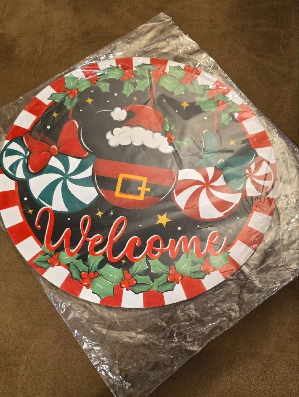 Holiday Mickey Welcome Wooden Decor - Red, Green, Black. NWT.